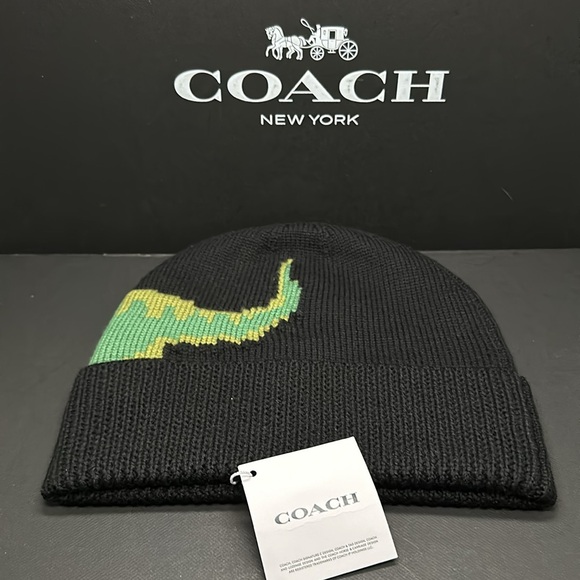 NWT Coach Rexy knit Beanie hat Dinosaur CO105 Limited Edition Cap Black Wool - Picture 5 of 6